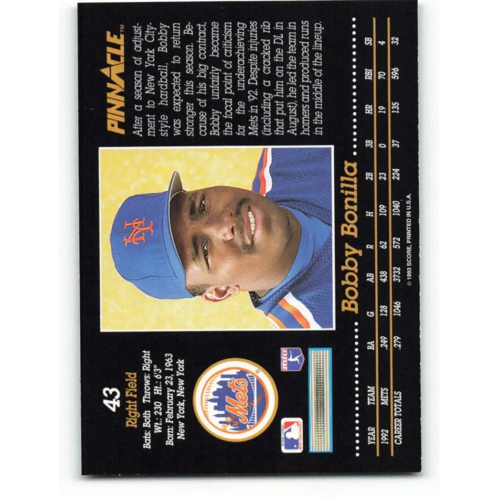 1993 Pinnacle #43 Bobby Bonilla NM-MT New York Mets Baseball Card Image 2