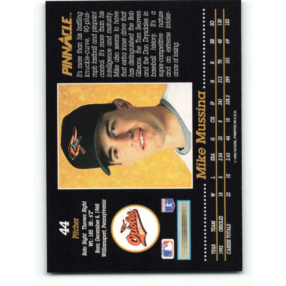 1993 Pinnacle #44 Mike Mussina NM-MT Baltimore Orioles Baseball Card Image 2