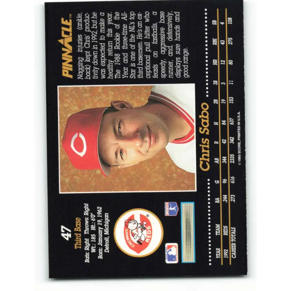1993 Pinnacle #47 Chris Sabo NM-MT Cincinnati Reds Baseball Card Image 2