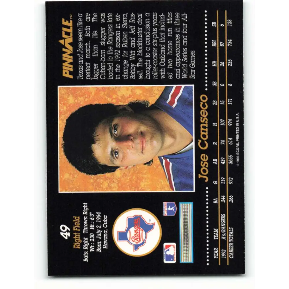 1993 Pinnacle #49 Jose Canseco NM-MT Texas Rangers Baseball Card Image 2