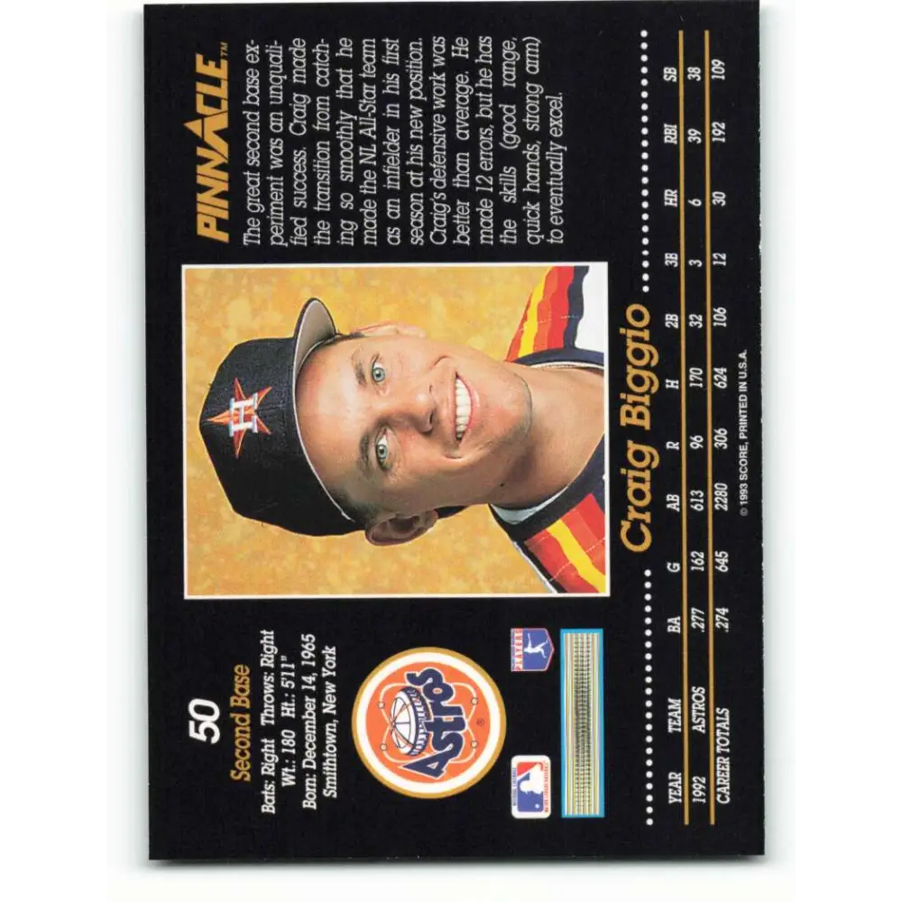 1993 Pinnacle #50 Craig Biggio NM-MT Houston Astros Baseball Card Image 2