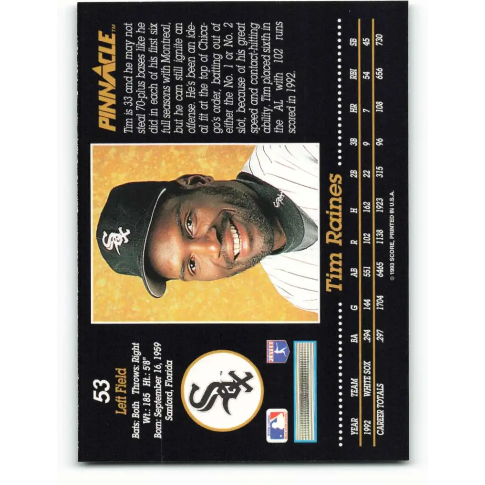 1993 Pinnacle #53 Tim Raines NM-MT Chicago White Sox Baseball Card Image 2