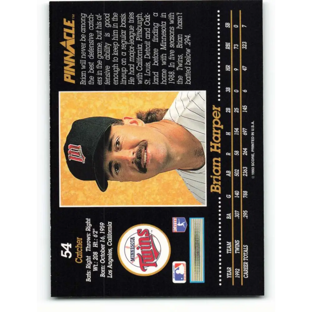 1993 Pinnacle #54 Brian Harper NM-MT Minnesota Twins Baseball Card Image 2