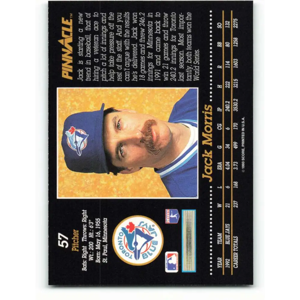 1993 Pinnacle #57 Jack Morris NM-MT Toronto Blue Jays Baseball Card Image 2