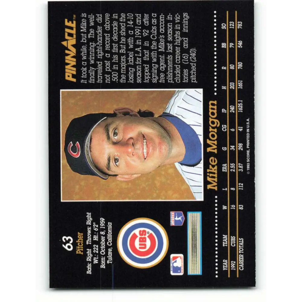 1993 Pinnacle #63 Mike Morgan NM-MT Chicago Cubs Baseball Card Image 2