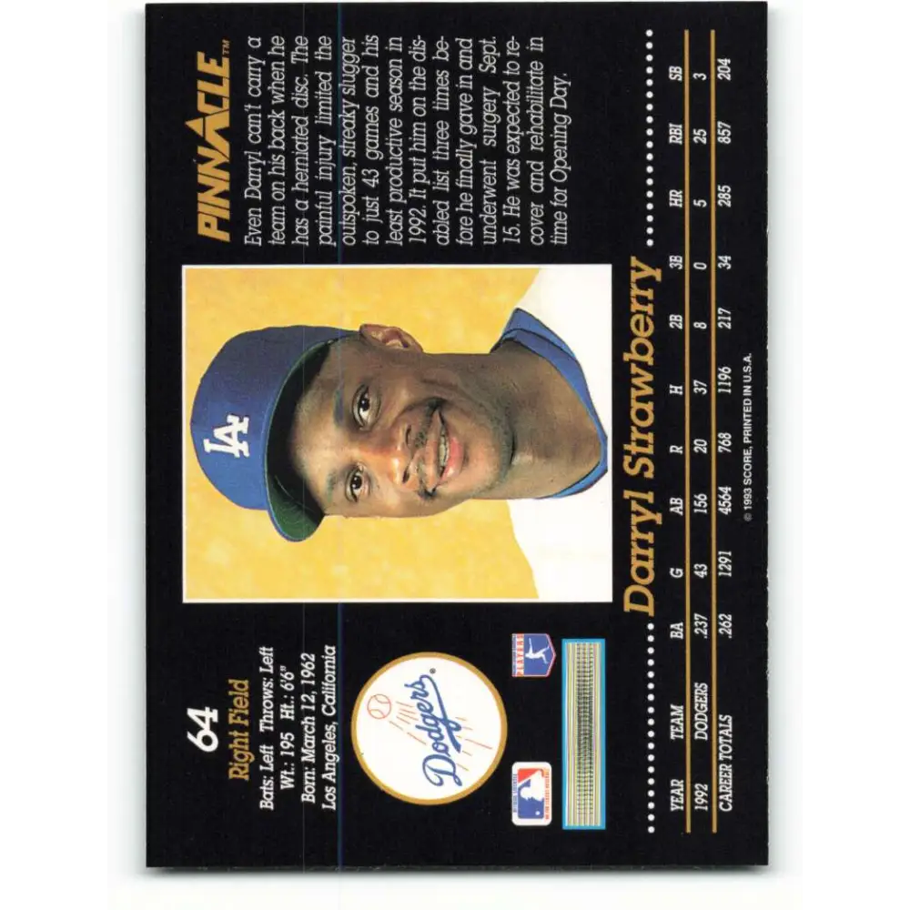 1993 Pinnacle #64 Darryl Strawberry NM-MT Los Angeles Dodgers Baseball Card Image 2
