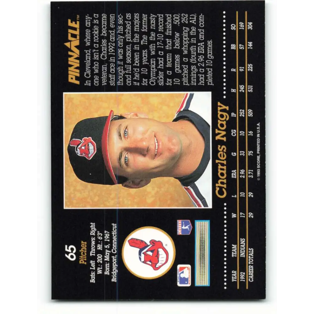 1993 Pinnacle #65 Charles Nagy NM-MT Cleveland Indians Baseball Card Image 2
