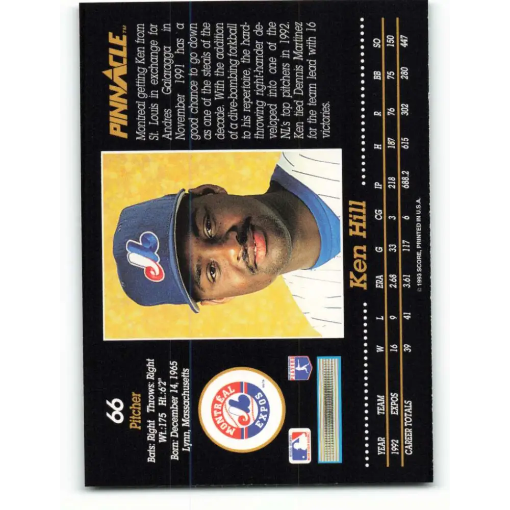 1993 Pinnacle #66 Ken Hill NM-MT Montreal Expos Baseball Card Image 2