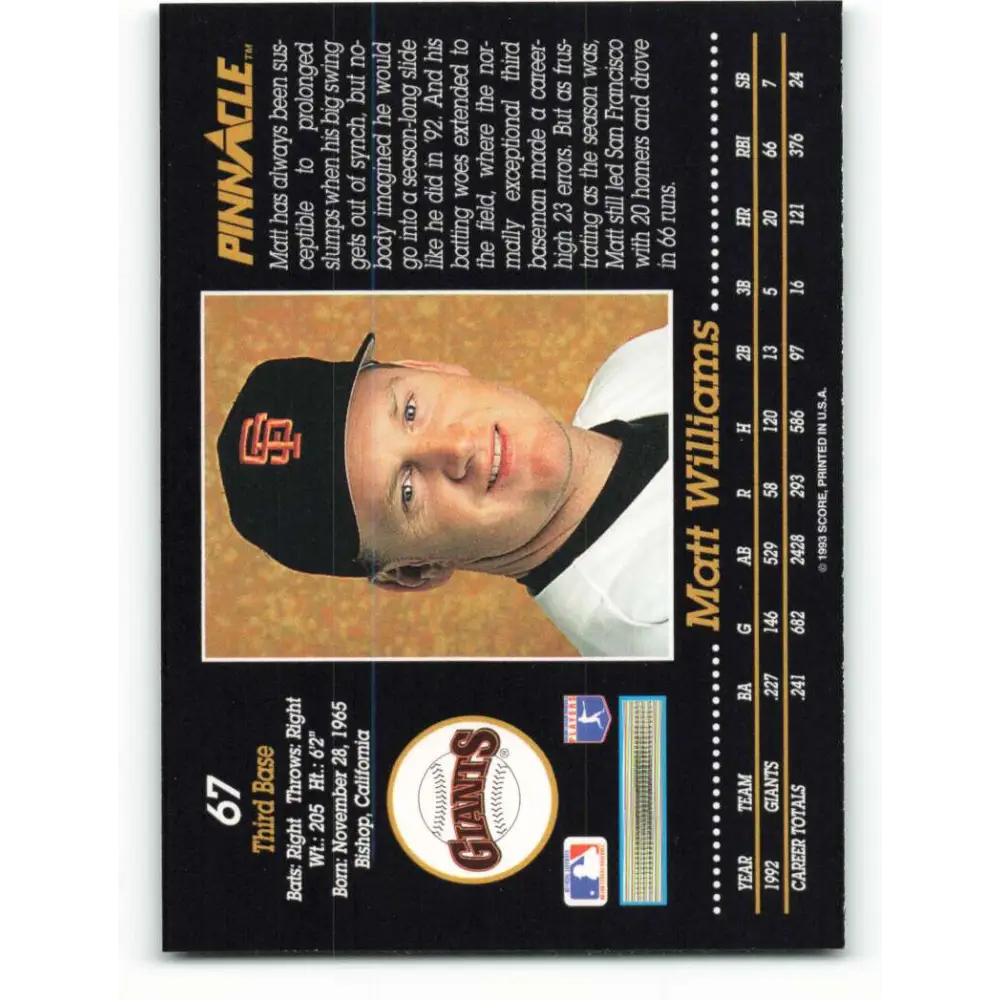 1993 Pinnacle #67 Matt Williams NM-MT San Francisco Giants Baseball Card Image 2
