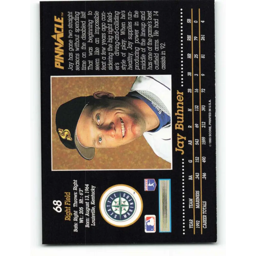 1993 Pinnacle #68 Jay Buhner NM-MT Seattle Mariners Baseball Card Image 2