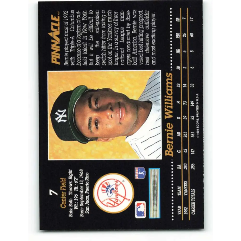 1993 Pinnacle #7 Bernie Williams NM-MT New York Yankees Baseball Card Image 2