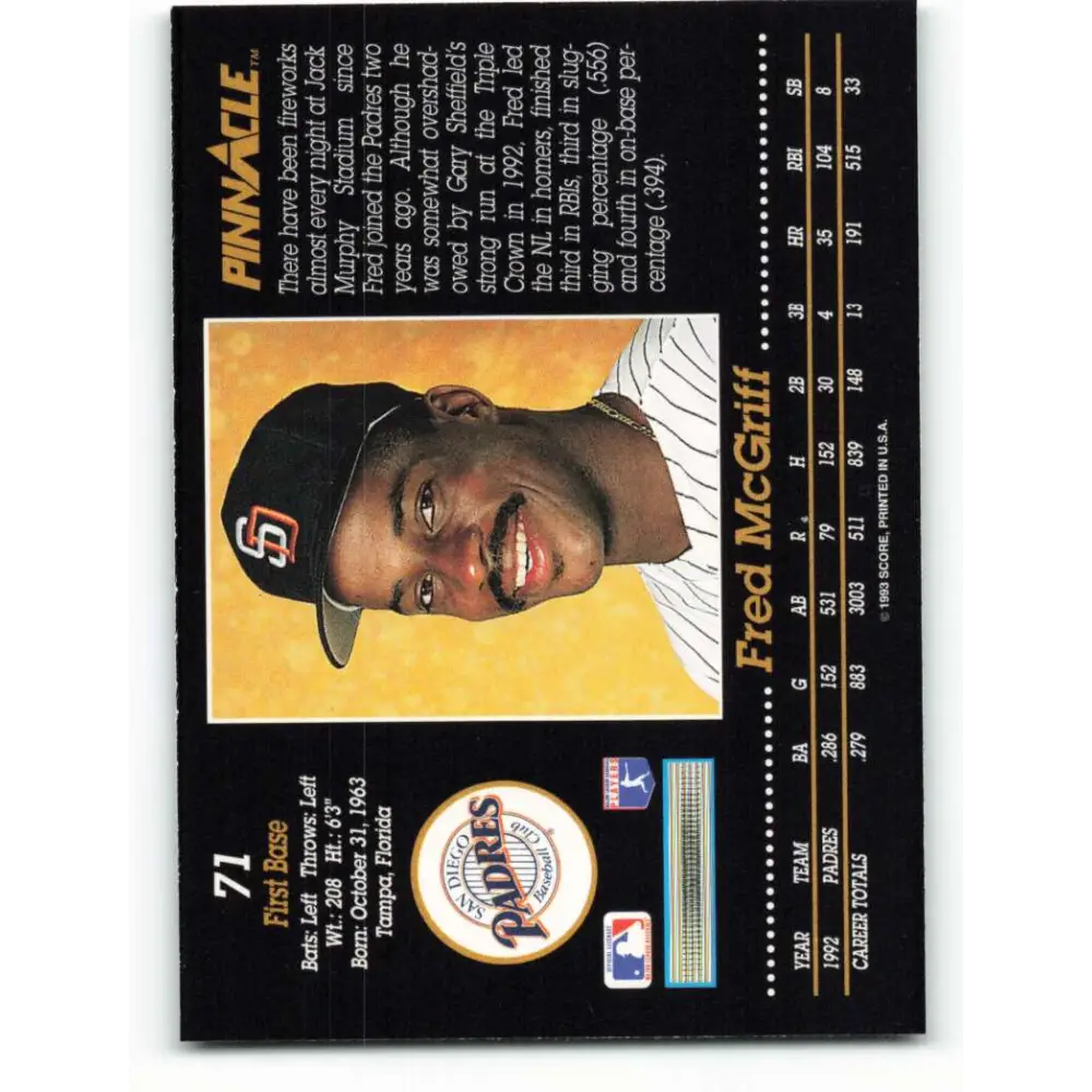1993 Pinnacle #71 Fred McGriff NM-MT San Diego Padres Baseball Card Image 2