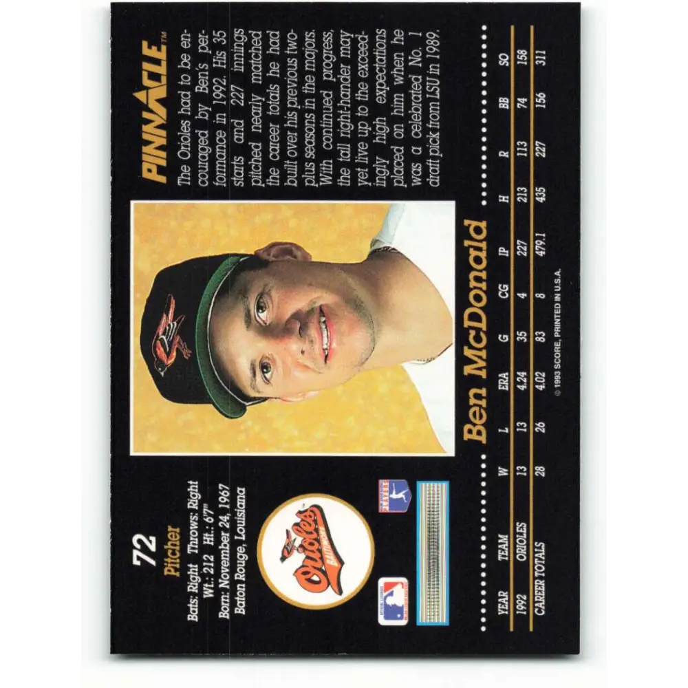 1993 Pinnacle #72 Ben McDonald NM-MT Baltimore Orioles Baseball Card Image 2
