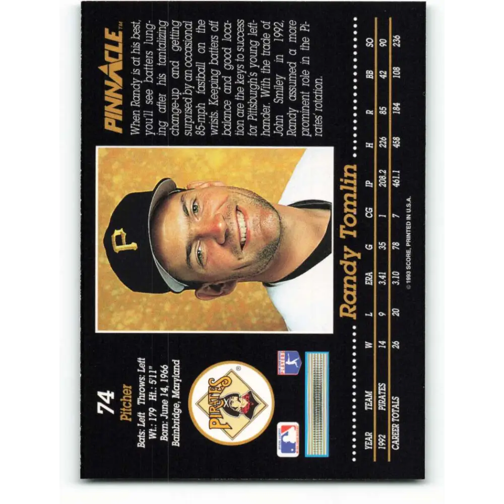 1993 Pinnacle #74 Randy Tomlin NM-MT Pittsburgh Pirates Baseball Card Image 2