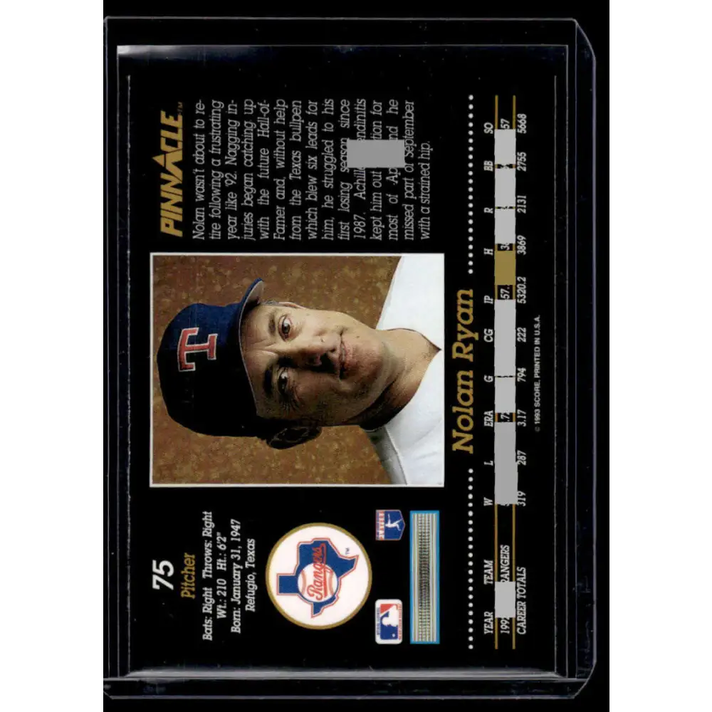 1993 Pinnacle #75 Nolan Ryan Texas Rangers NM-MT Baseball Card Image 2