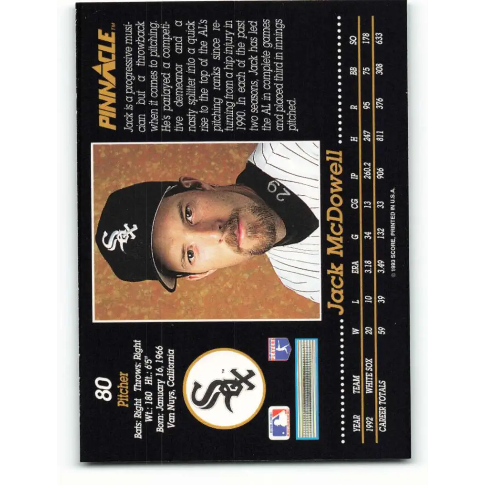 1993 Pinnacle #80 Jack McDowell NM-MT Chicago White Sox Baseball Card Image 2