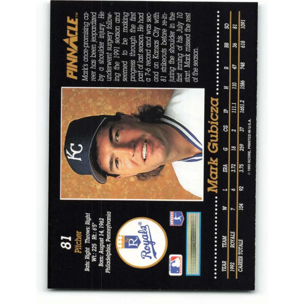 1993 Pinnacle #81 Mark Gubicza NM-MT Kansas City Royals Baseball Card Image 2