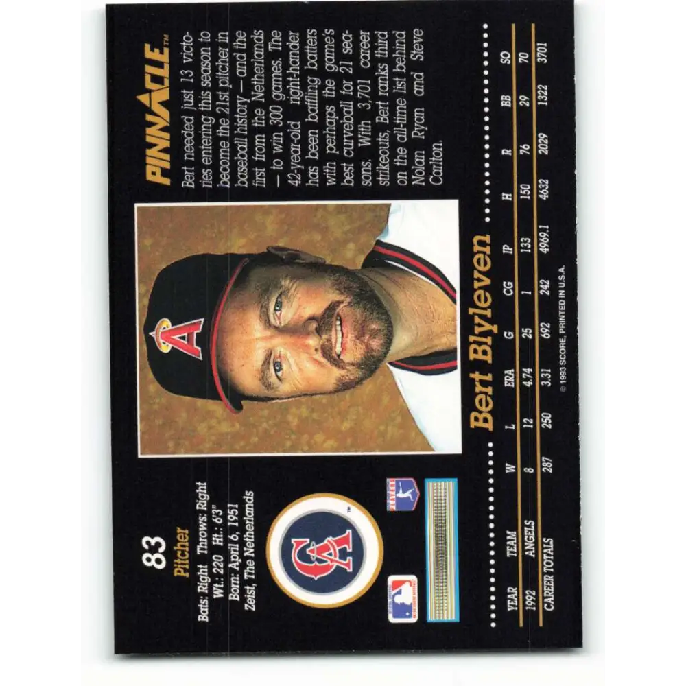 1993 Pinnacle #83 Bert Blyleven NM-MT California Angels Baseball Card Image 2
