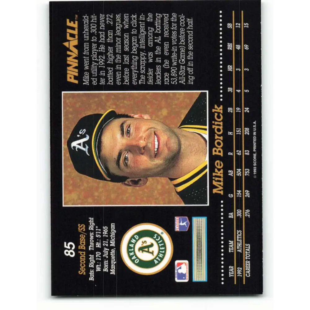 1993 Pinnacle #85 Mike Bordick NM-MT Oakland Athletics Baseball Card Image 2