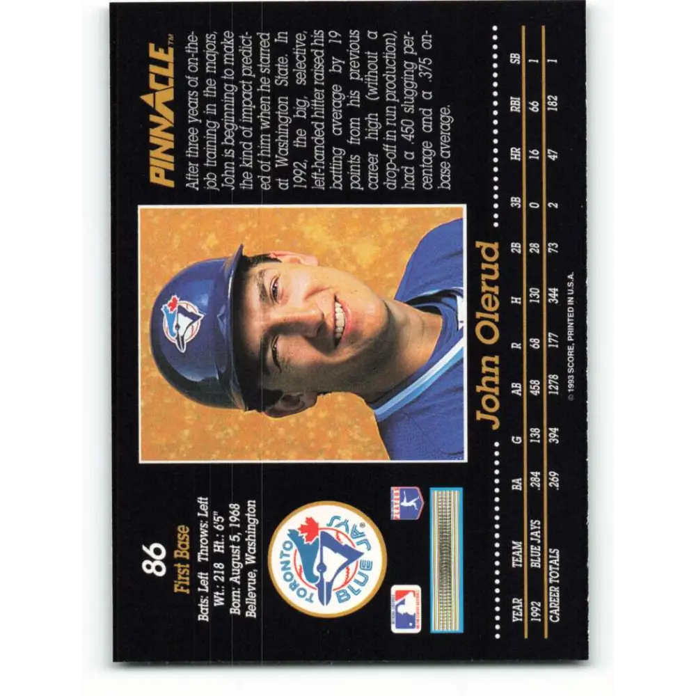 1993 Pinnacle #86 John Olerud NM-MT Toronto Blue Jays Baseball Card Image 2