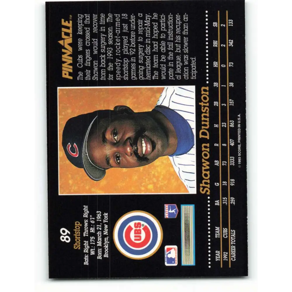 1993 Pinnacle #89 Shawon Dunston NM-MT Chicago Cubs Baseball Card Image 2