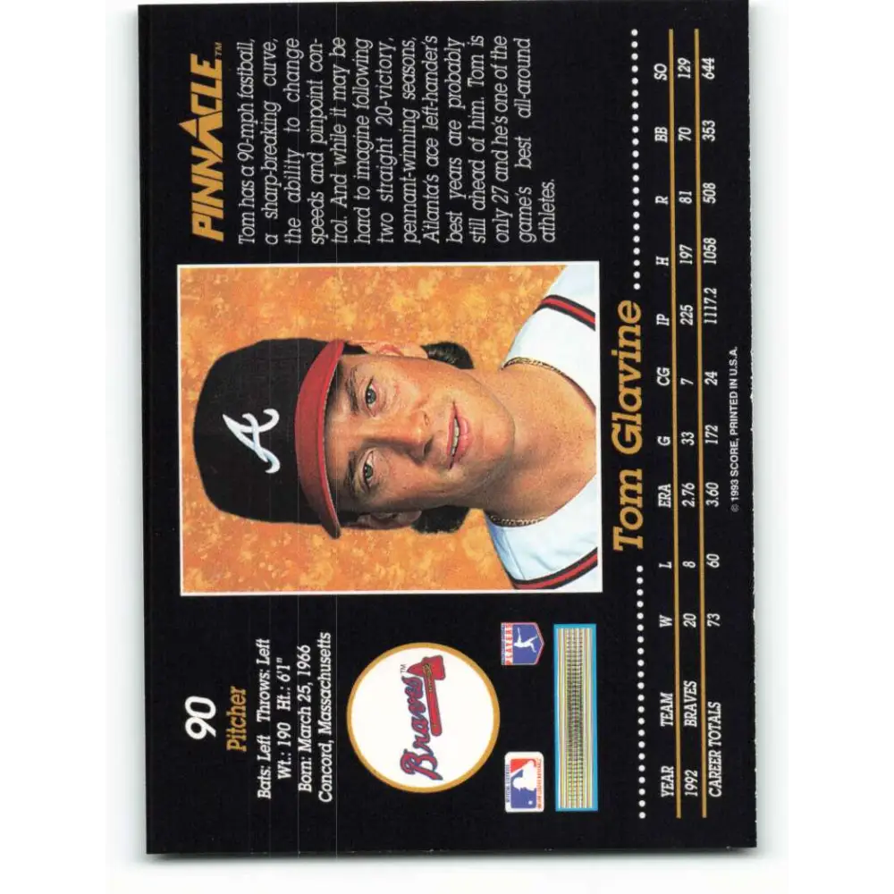 1993 Pinnacle #90 Tom Glavine NM-MT Atlanta Braves Baseball Card Image 2