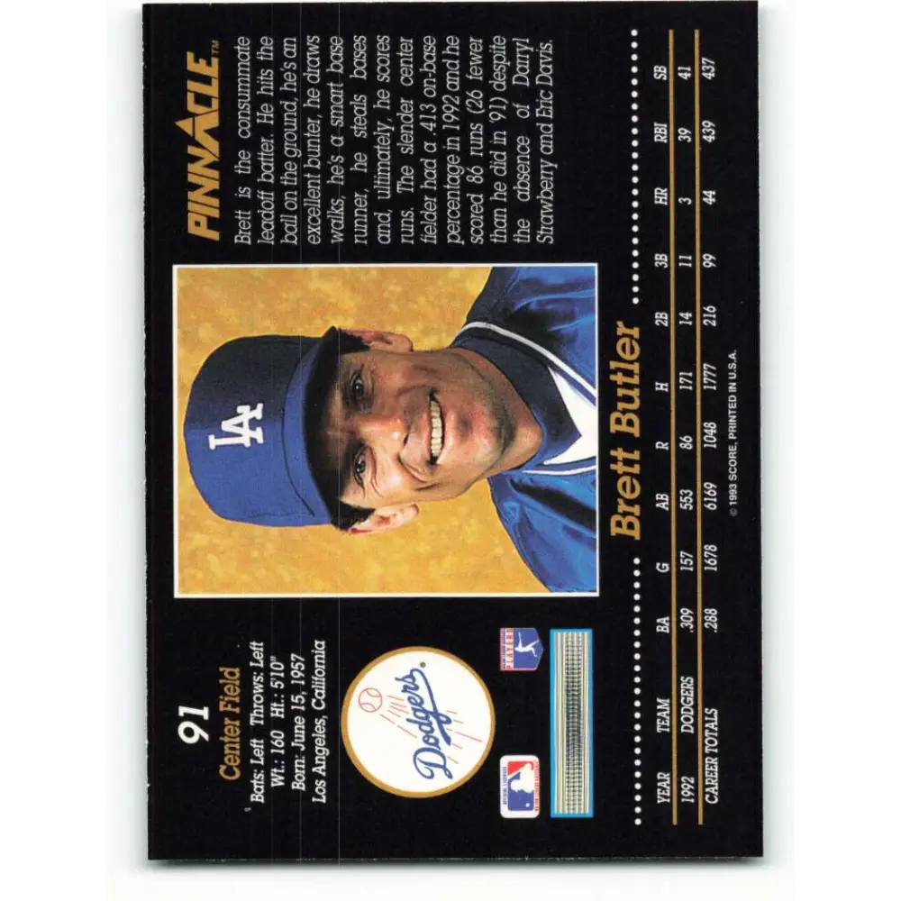 1993 Pinnacle #91 Brett Butler NM-MT Los Angeles Dodgers Baseball Card Image 2