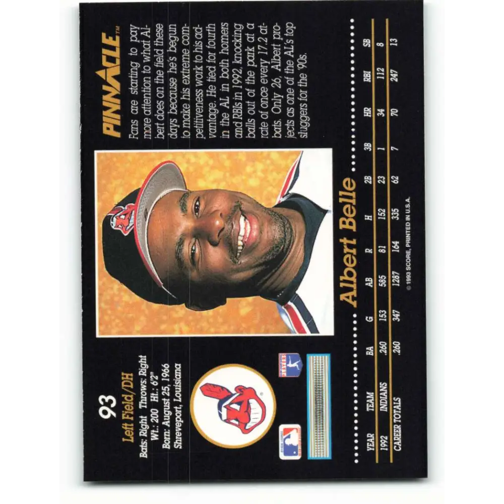 1993 Pinnacle #93 Albert Belle NM-MT Cleveland Indians Baseball Card Image 2