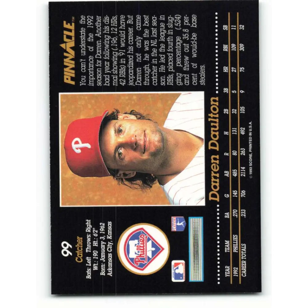 1993 Pinnacle #99 Darren Daulton NM-MT Philadelphia Phillies Baseball Card Image 2