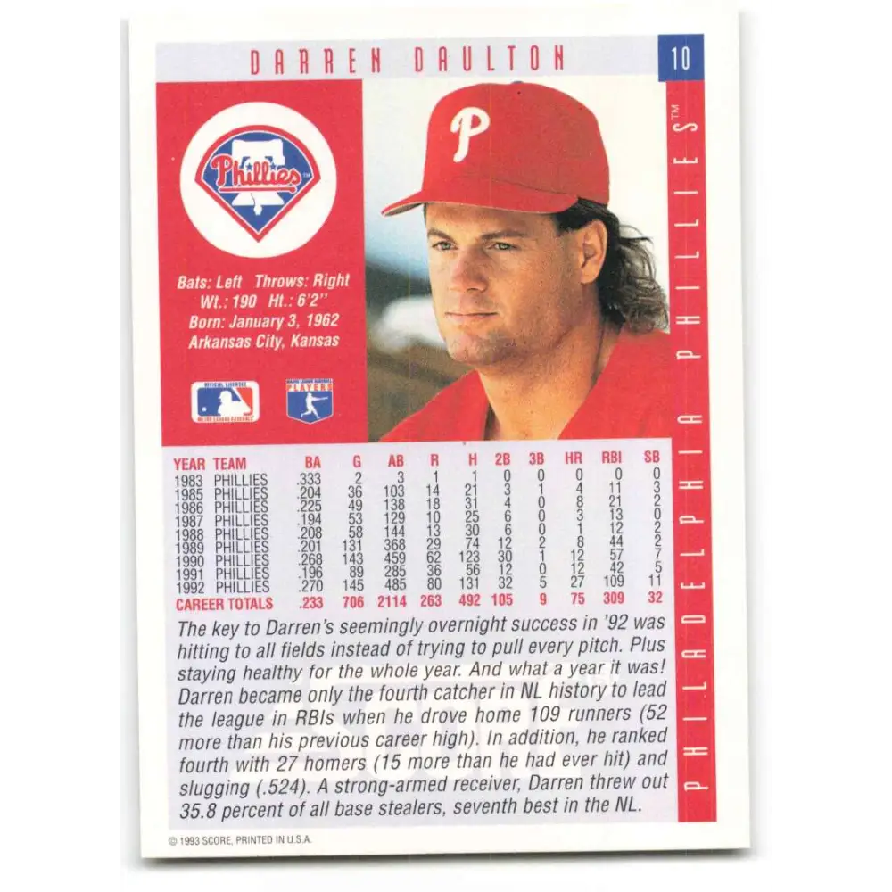 1993 Score #10 Darren Daulton NM-MT Philadelphia Phillies Baseball Card Image 2
