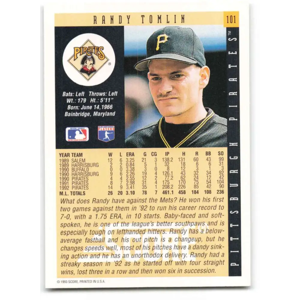 1993 Score #101 Randy Tomlin NM-MT Pittsburgh Pirates Baseball Card Image 2