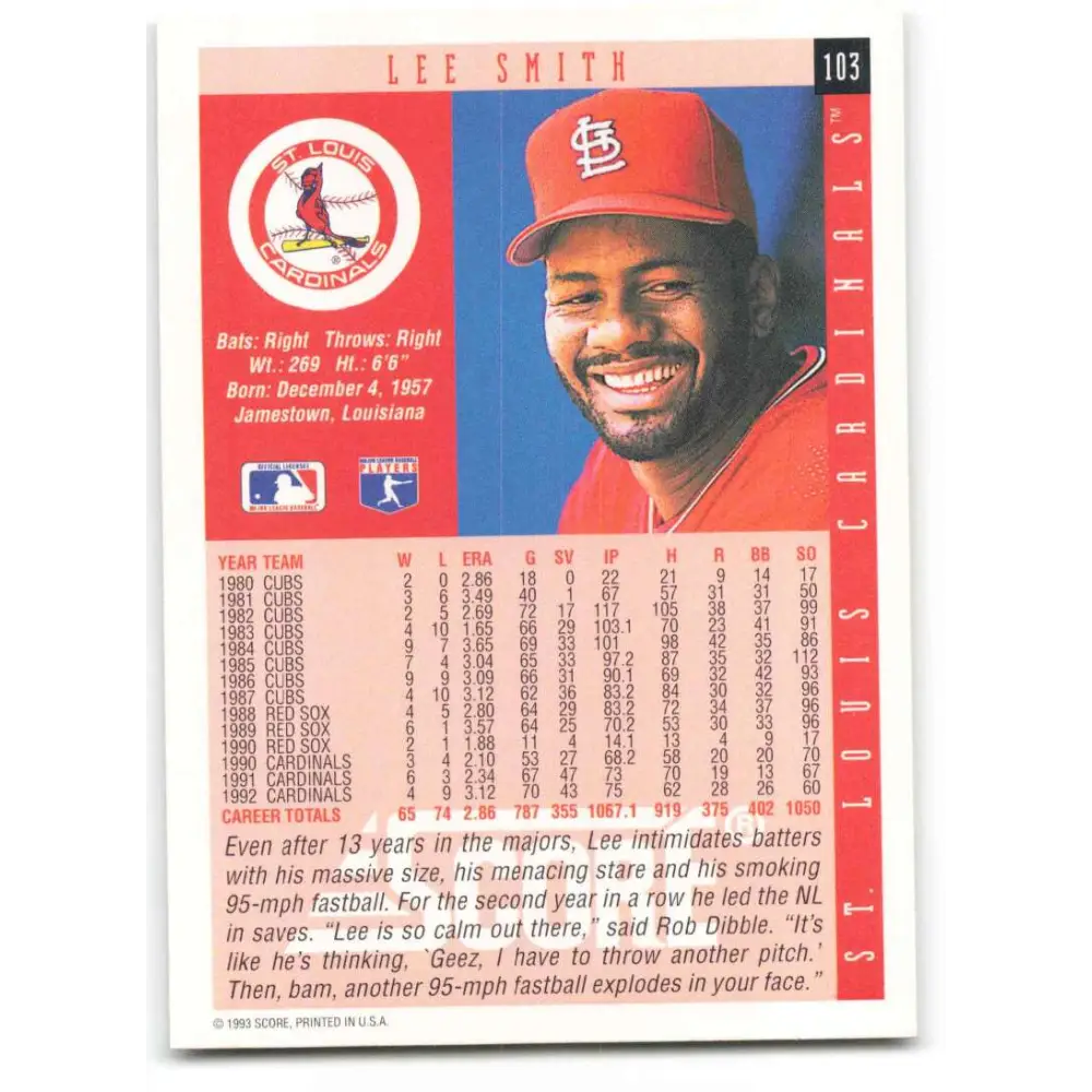 1993 Score #103 Lee Smith NM-MT St. Louis Cardinals Baseball Card Image 2