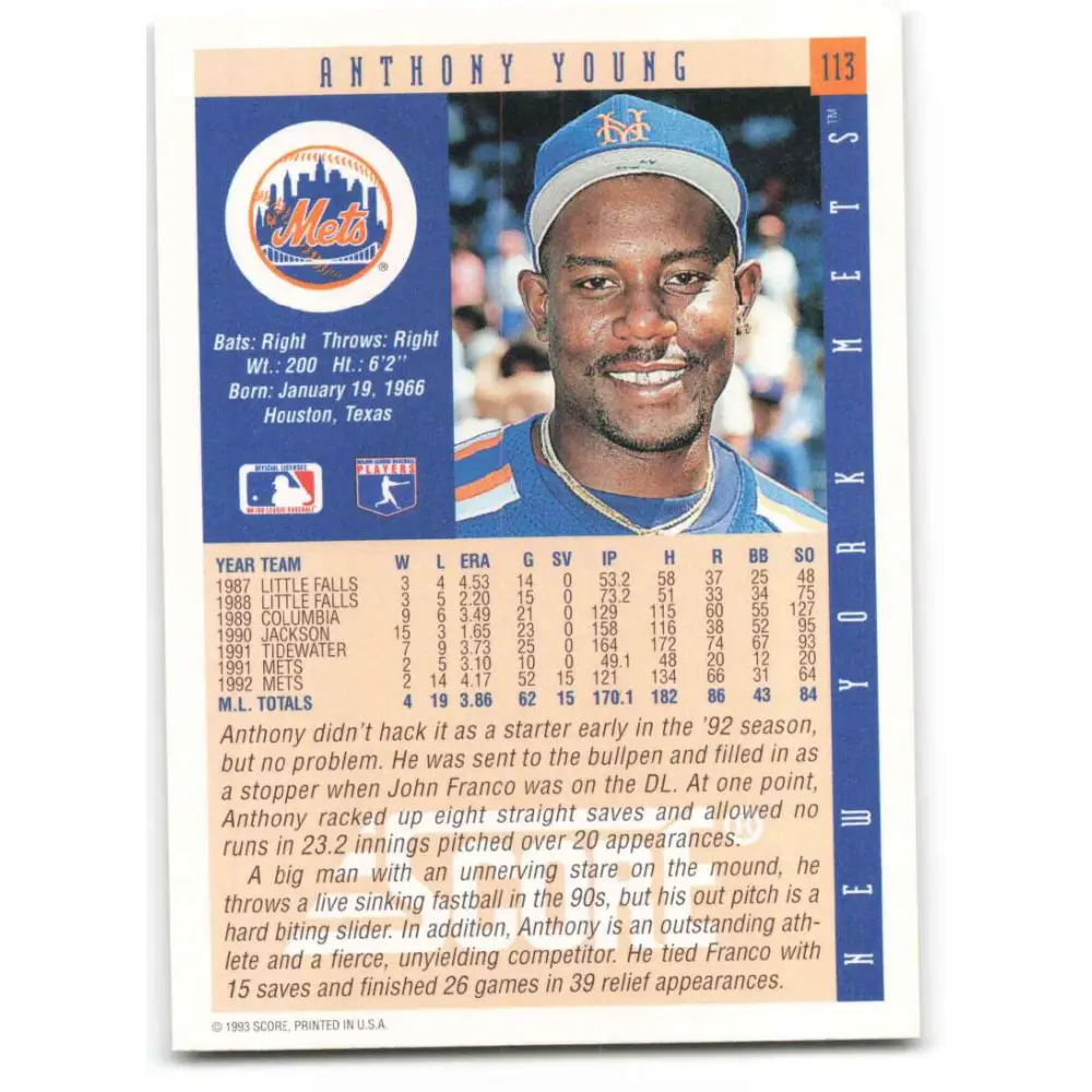 1993 Score #113 Anthony Young NM-MT New York Mets Baseball Card Image 2