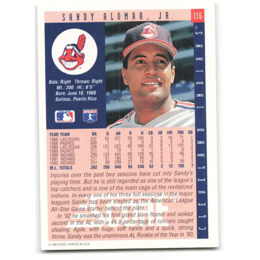 1993 Score #116 Sandy Alomar Jr. NM-MT Cleveland Indians Baseball Card Image 2