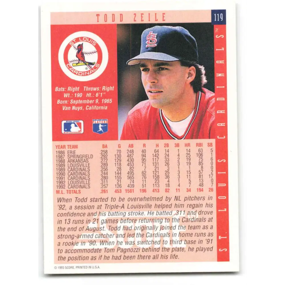 1993 Score #119 Todd Zeile NM-MT St. Louis Cardinals Baseball Card Image 2