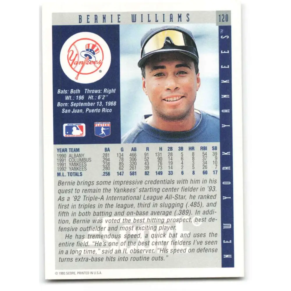 1993 Score #120 Bernie Williams NM-MT New York Yankees Baseball Card Image 2