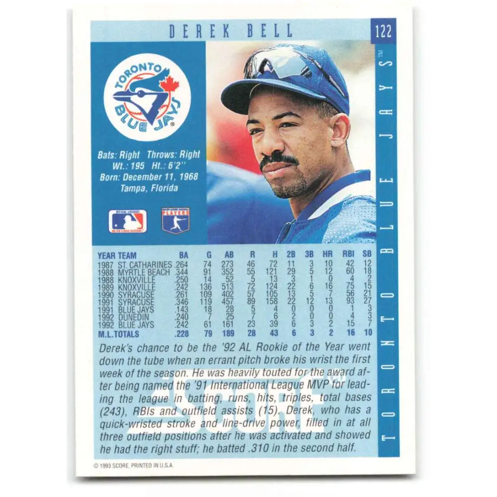 1993 Score #122 Derek Bell NM-MT Toronto Blue Jays Baseball Card Image 2