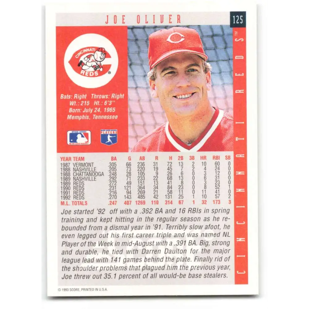1993 Score #125 Joe Oliver NM-MT Cincinnati Reds Baseball Card Image 2