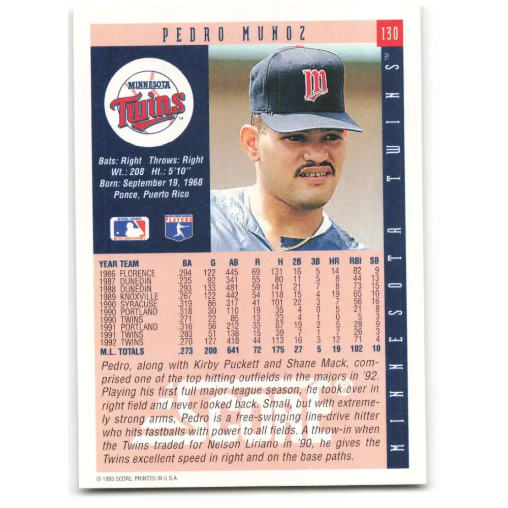 1993 Score #130 Pedro Munoz NM-MT Minnesota Twins Baseball Card Image 2