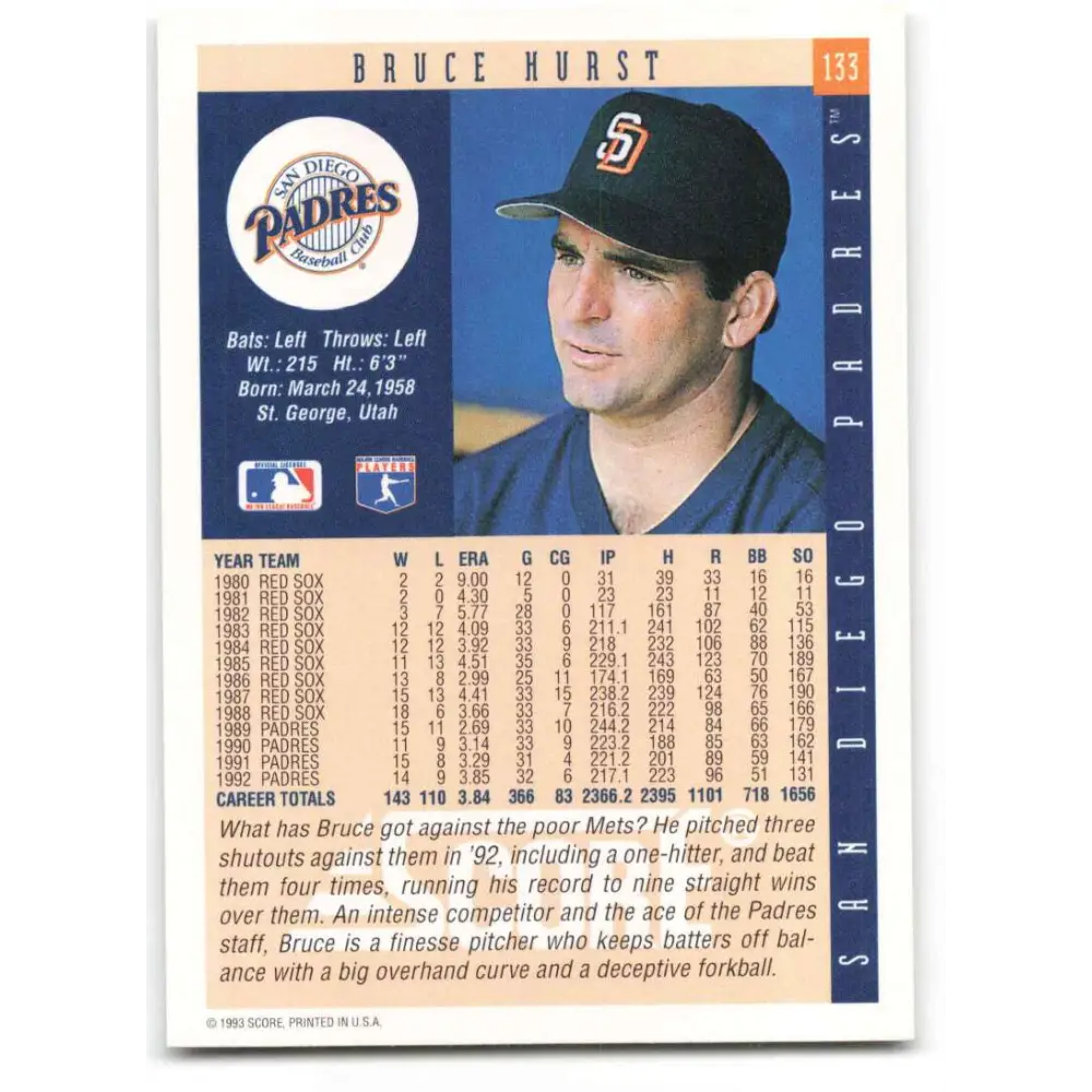 1993 Score #133 Bruce Hurst NM-MT San Diego Padres Baseball Card Image 2