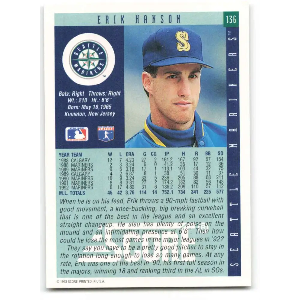 1993 Score #136 Erik Hanson NM-MT Seattle Mariners Baseball Card Image 2