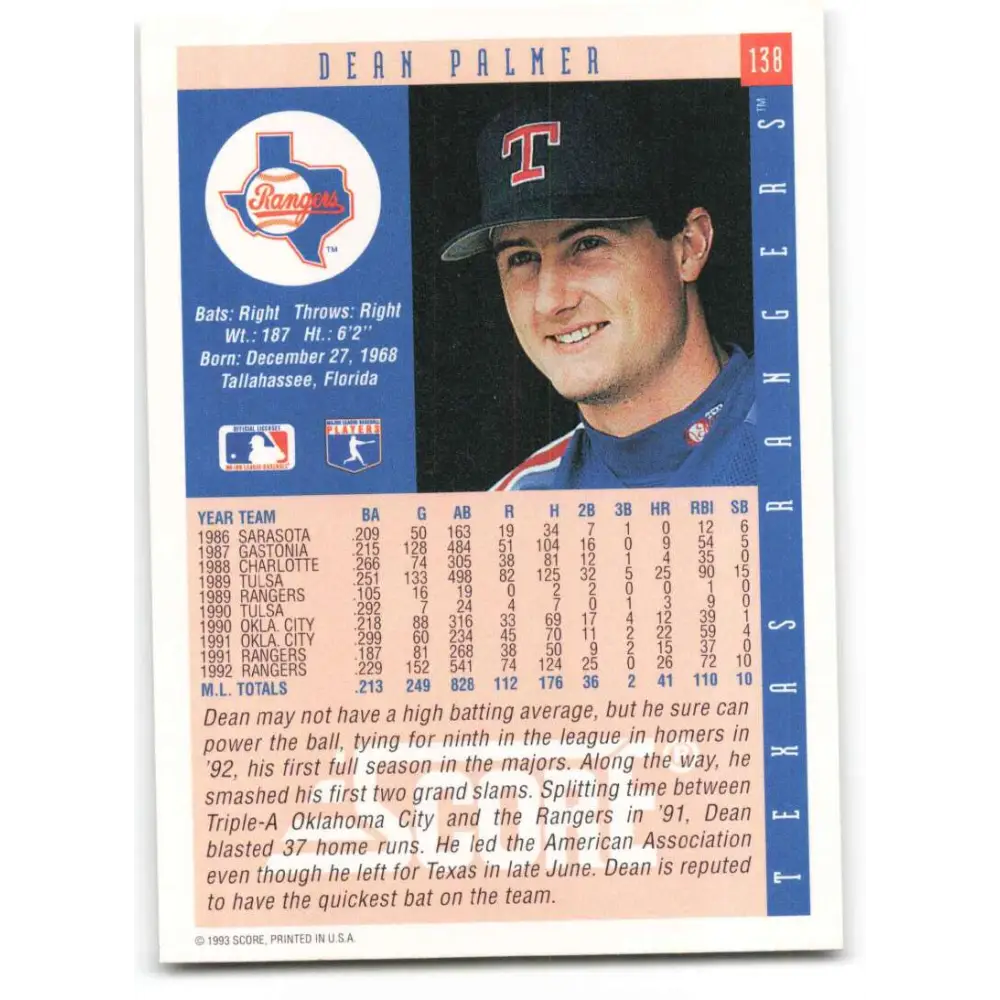1993 Score #138 Dean Palmer NM-MT Texas Rangers Baseball Card Image 2
