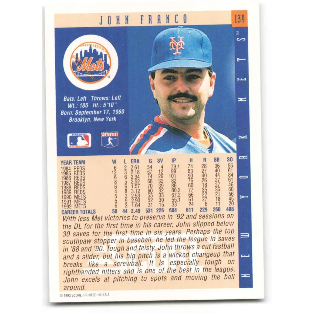 1993 Score #139 John Franco NM-MT New York Mets Baseball Card Image 2