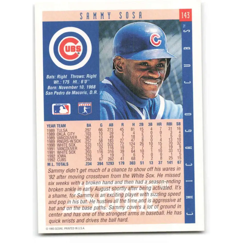 1993 Score #143 Sammy Sosa NM-MT Chicago Cubs Baseball Card Image 2
