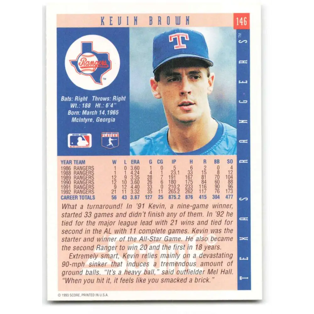 1993 Score #146 Kevin Brown NM-MT Texas Rangers Baseball Card Image 2