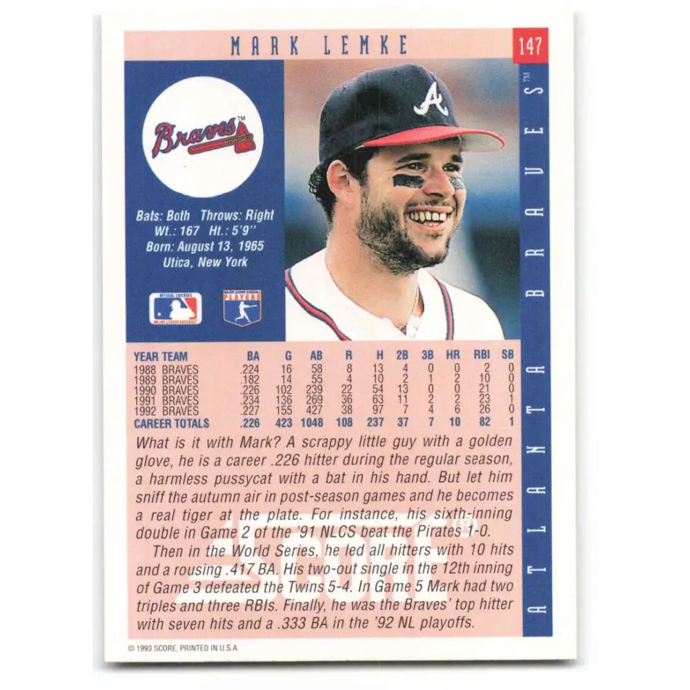 1993 Score #147 Mark Lemke NM-MT Atlanta Braves Baseball Card Image 2