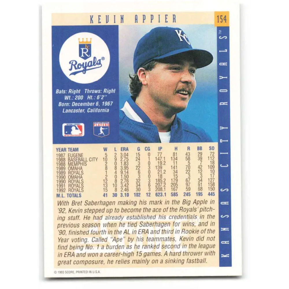 1993 Score #154 Kevin Appier NM-MT Kansas City Royals Baseball Card Image 2