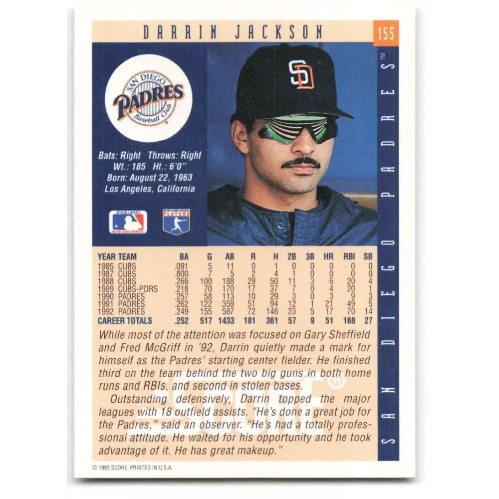 1993 Score #155 Darrin Jackson NM-MT San Diego Padres Baseball Card Image 2