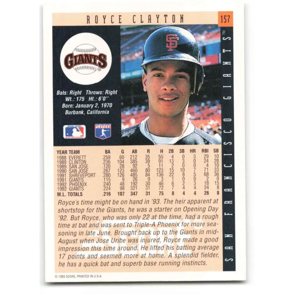 1993 Score #157 Royce Clayton NM-MT San Francisco Giants Baseball Card Image 2