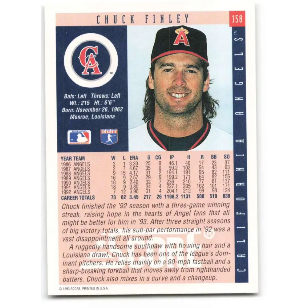 1993 Score #158 Chuck Finley NM-MT California Angels Baseball Card Image 2